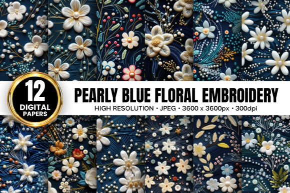 Pearly Blue Flowers Embroidery for Holiday Gifts