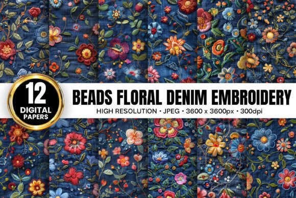 Stunning Beaded Denim Floral Embroidery